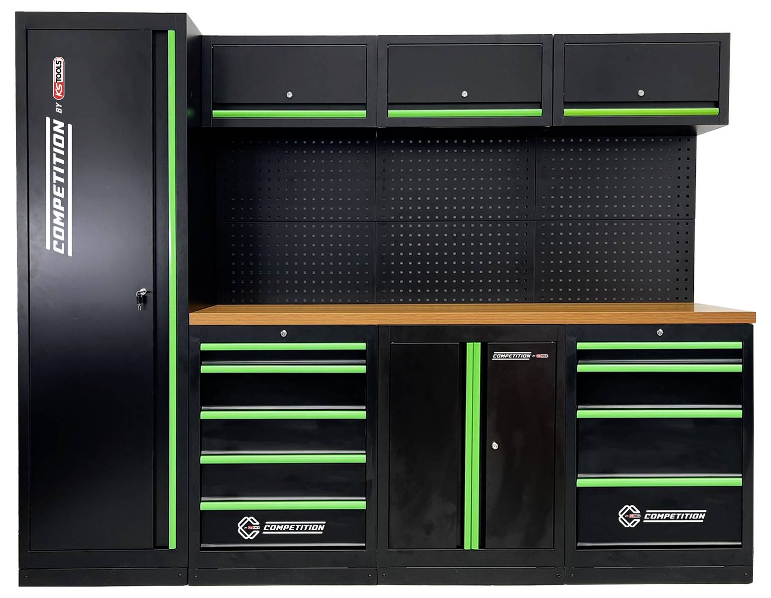 Ein schwarzes Lagersystem mit einem hohen Schrank, mehreren Schubladen und Oberschränken, mit grünen Linien akzentuiert, entwickelt zur Organisation von Werkzeugen.