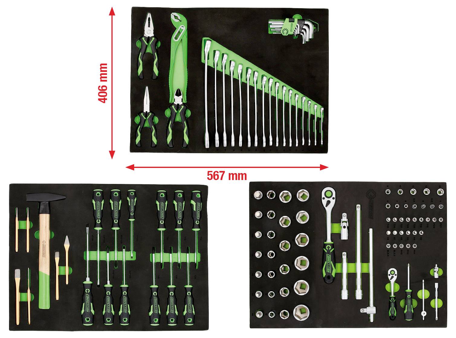 Drei Werkzeugsets in einem Schaumstoff-Organizer: Zangen, Schraubenschlüssel und Schraubendreher oben; Hammer und Schraubendrehergriffe in der Mitte; Steckschlüssel und Ratschenschlüssel unten rechts.