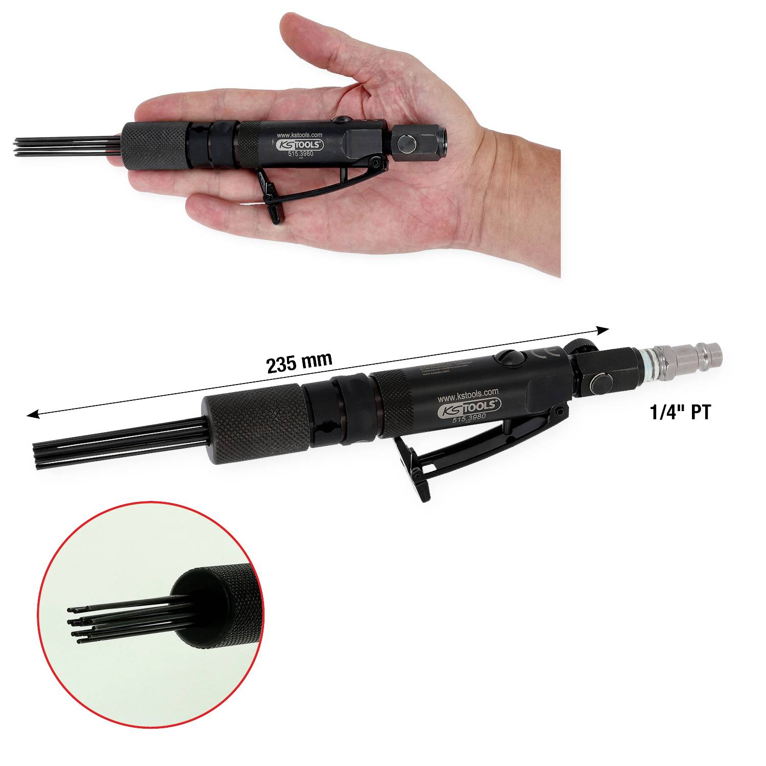 Ein kompaktes luftbetriebenes Schabwerkzeug mit einer Länge von 235 mm, das in einer Hand gehalten wird, um den Größenmaßstab zu verdeutlichen, mit detaillierter Nahaufnahme seiner fünf austauschbaren Klingen.