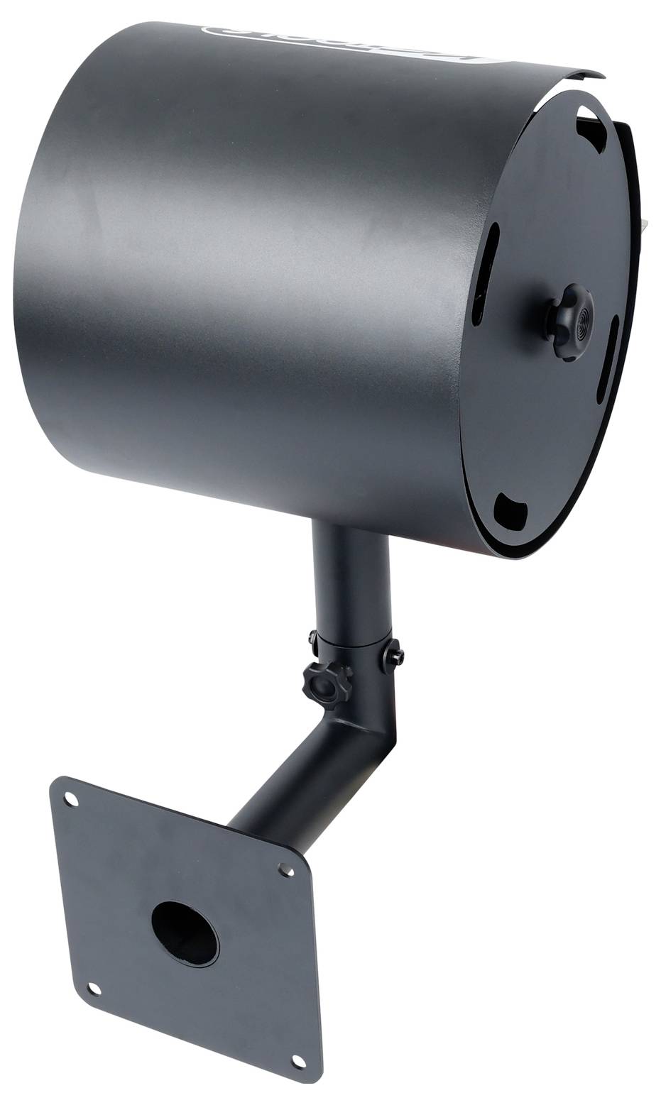 Eine schwarze, zylindrische Wandhalterung mit rundem Sockel und verstellbarem Arm zur Unterstützung von Geräten oder Ausrüstung.