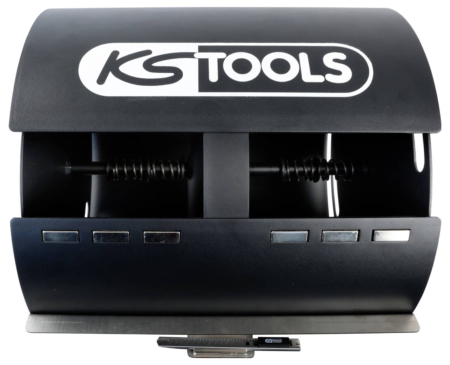 Ein schwarzes KG Tools Gestell mit mehreren Schlitzen zum Aufbewahren verschiedener Werkzeuge, mit dem Firmenlogo auf der Oberseite.