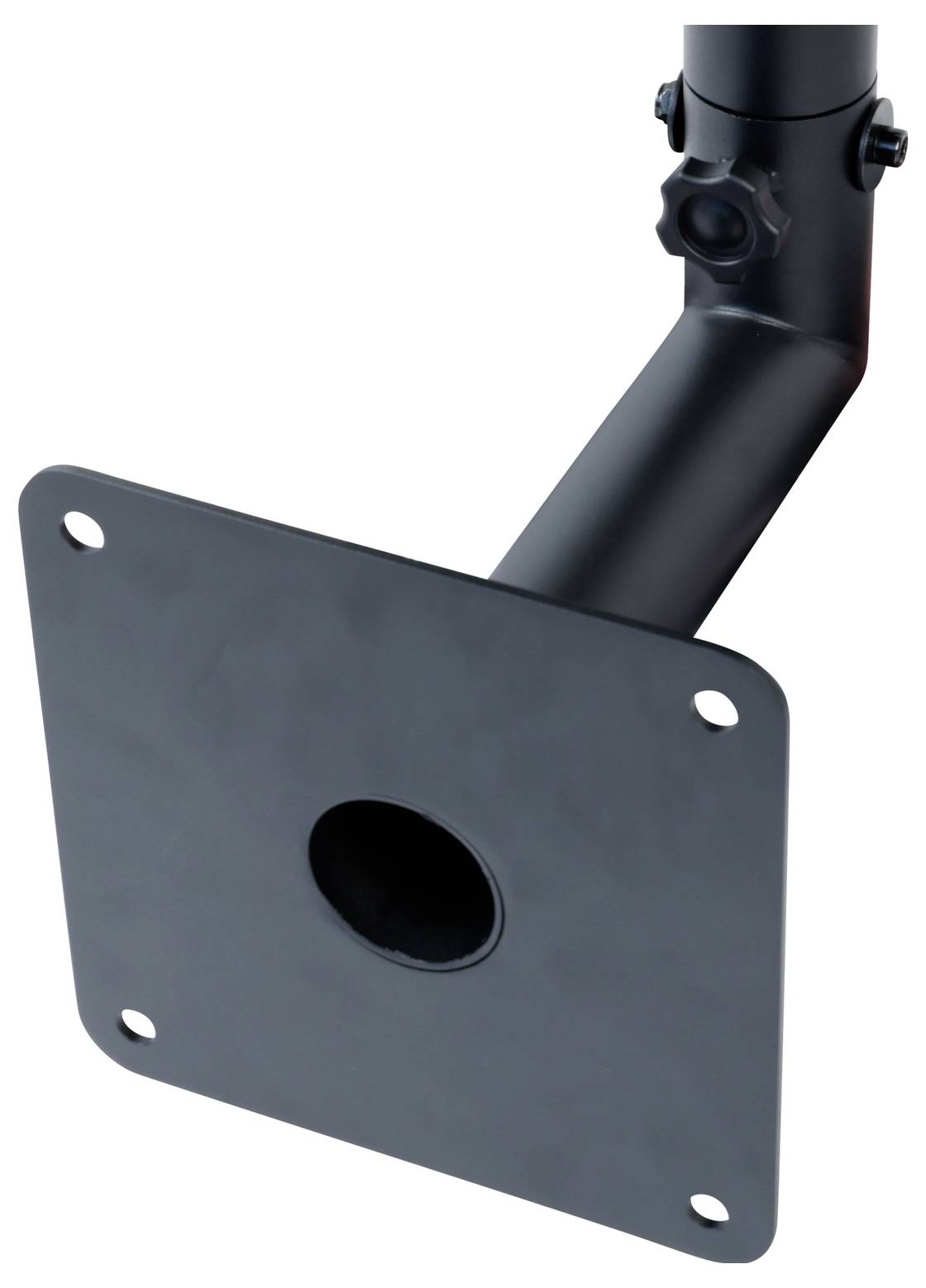 Eine schwarze Metallhalterung für einen Fernseher mit einer quadratischen Platte, die ein zentrales Loch und vier Schraublöcher in den Ecken aufweist, die an einem zylindrischen Arm befestigt ist.
