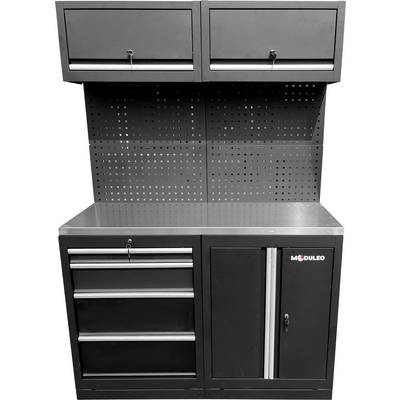 Ein schwarzer Metallwerkzeugschrank mit mehreren Schubladen und Stauraumbereichen, ausgestattet mit einer Lochplattenrückwand zur Organisation.