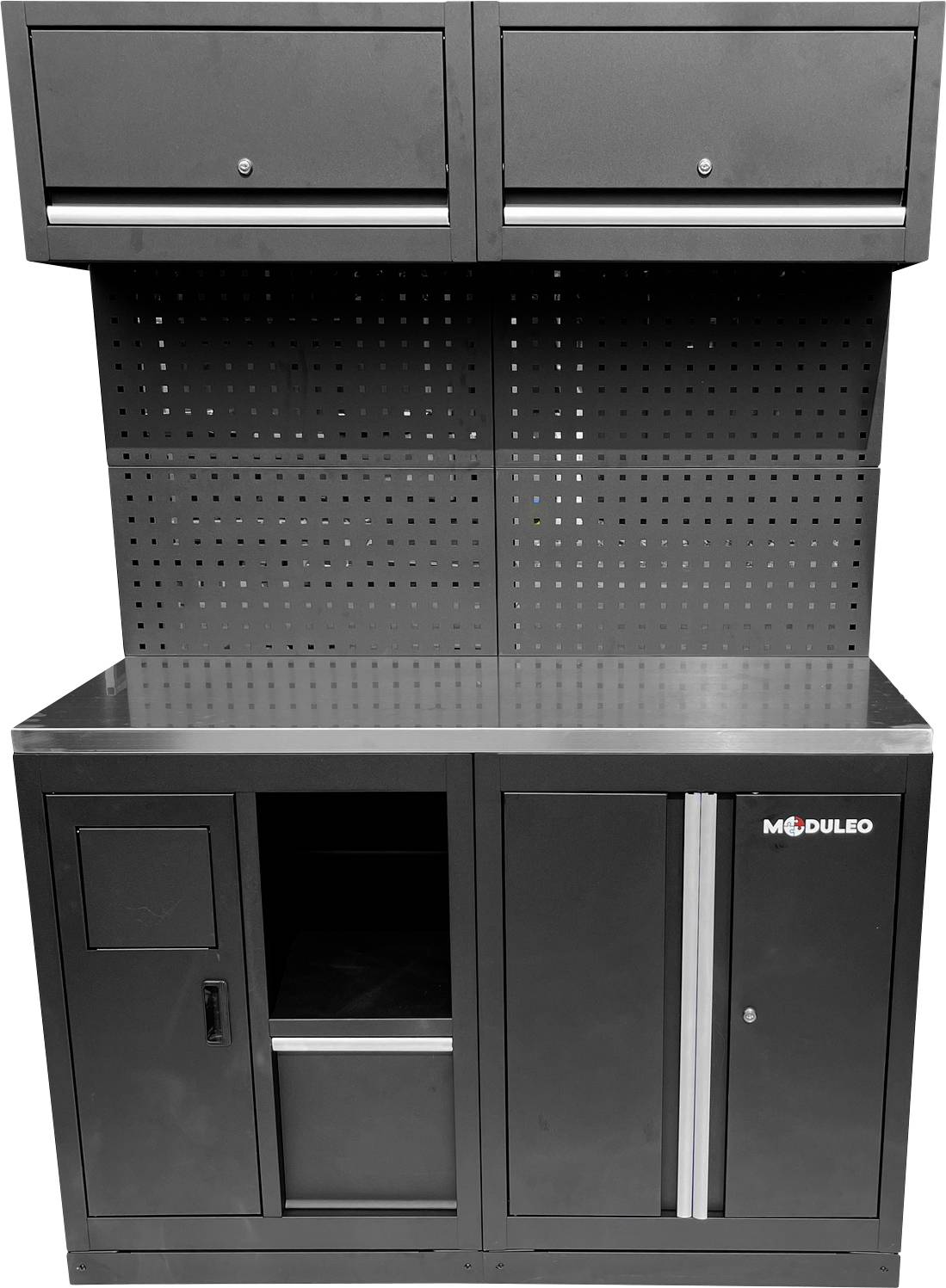Schwarzer Metallwerkzeugschrank mit zwei oberen Schubladen und zwei unteren Schränken; ausgestattet mit einer gelochten Rückwand zum Aufhängen von Werkzeugen.