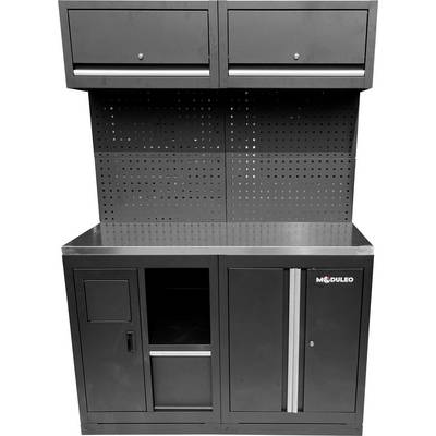 Schwarzer Metallwerkzeugschrank mit zwei oberen Schubladen und zwei unteren Schränken; ausgestattet mit einer gelochten Rückwand zum Aufhängen von Werkzeugen.