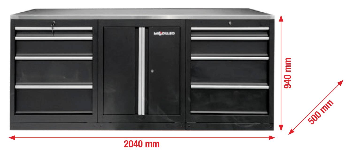 Schwarzer Werkzeugschrank mit drei Schubladen auf jeder Seite und einer zentralen Doppeltür. Abmessungen: 2040 mm Breite, 940 mm Höhe, 500 mm Tiefe.