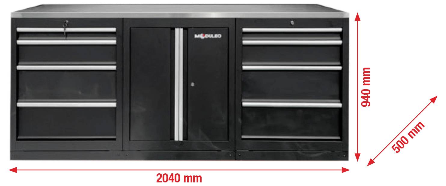 Ein schwarzer Aufbewahrungsschrank mit mehreren Schubladen und einer zentralen Tür, mit einer Breite von 2040 mm, einer Höhe von 940 mm und einer Tiefe von 500 mm.
