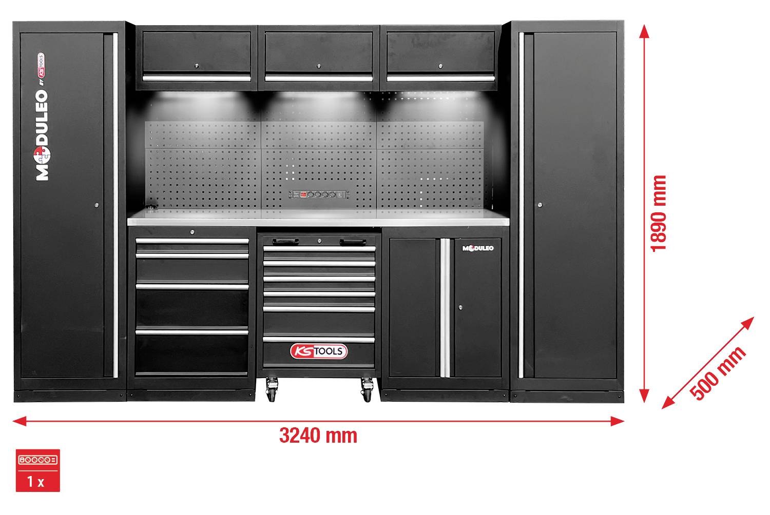 Schwarzes Moduloo XS Werkzeugschranksystem mit mehreren Fächern und Schubladen. Abmessungen: 3240 mm breit, 1890 mm hoch, 500 mm tief.