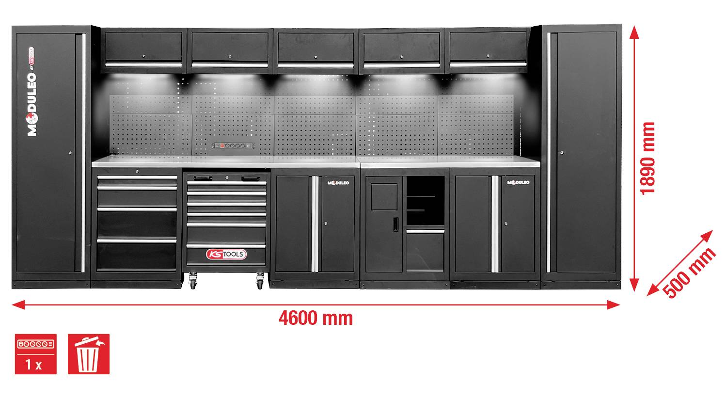 Ein schwarzes modulares Garagen-Aufbewahrungssystem mit mehreren Schränken, Schubladen und Lochplatten, 4600 mm breit und 1890 mm hoch.