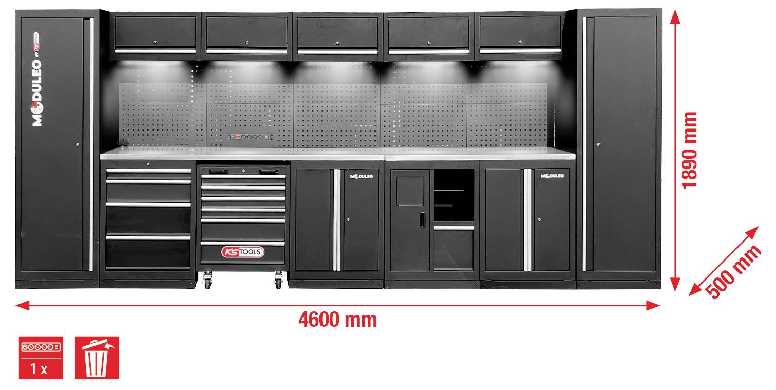 Garagenlagersystem mit schwarzen Schränken, Werkzeugschubladen und Werkbank. Abmessungen: 4600 mm breit, 1890 mm hoch, 500 mm tief.