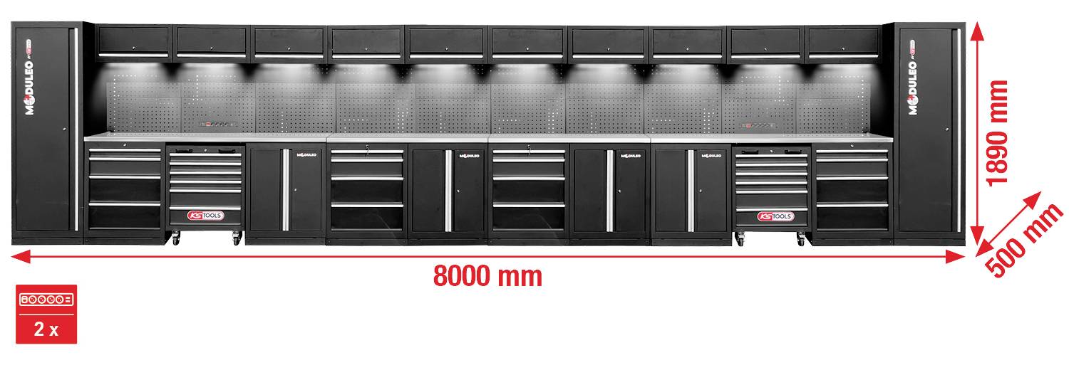 Moderne Arbeitsstation mit mehreren Stauraummöbeln, misst 8000 mm in der Breite, 1890 mm in der Höhe und 500 mm in der Tiefe, dargestellt mit umfangreicher Beleuchtung.