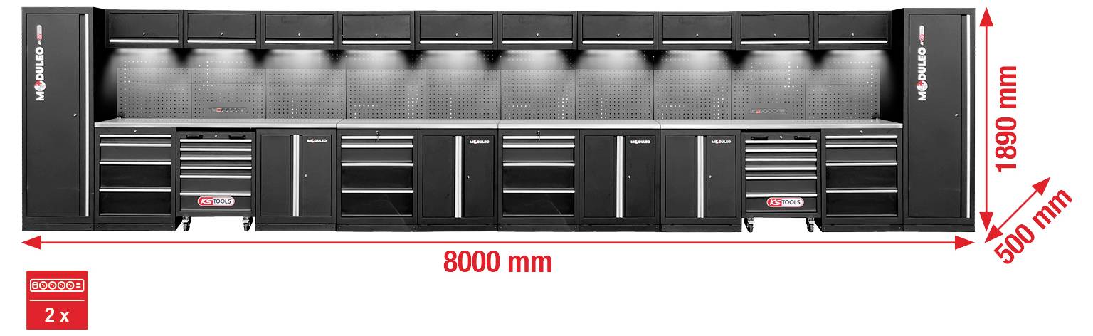 Werkstatt-Lagersystem mit Schränken und Schubladen, deren Maße an Ober- und Seitenflächen gekennzeichnet sind: Breite 8000 mm, Höhe 1890 mm, Tiefe 500 mm.