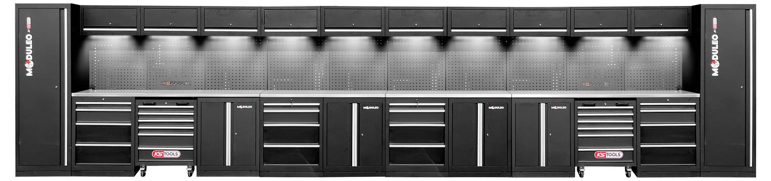 Schwarze Moduline-Garagenschränke mit mehreren Schubladen, Schränken und Hängeschränken. Gut beleuchteter Arbeitsbereich mit Metallgelochtwand im Hintergrund.