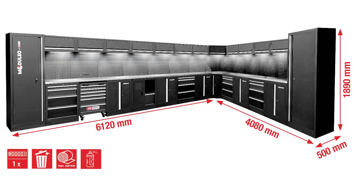 'MODULO' Marken Schwarz Modular Garage Schrankset, misst 6120 mm x 4080 mm x 1890 mm. Enthält Schränke, Schubladen und Werkzeugaufbewahrung.