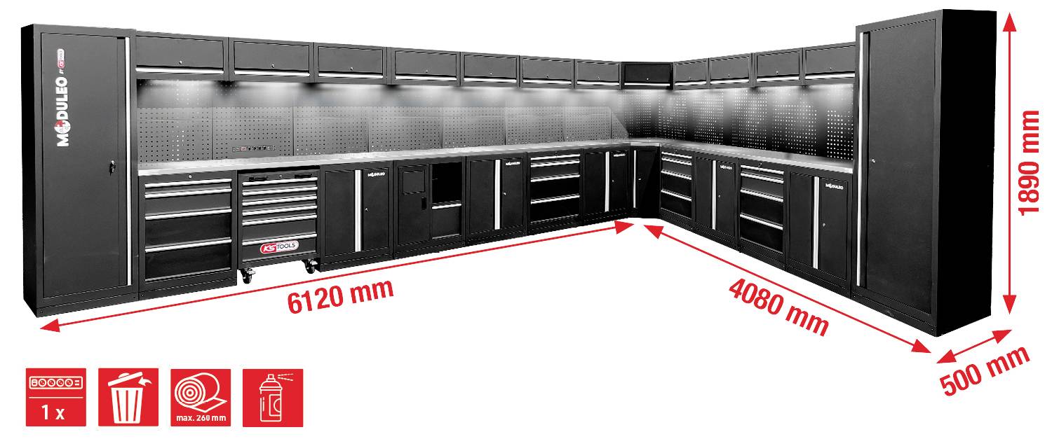 Großes modulares Garagenlagersystem mit mehreren Fächern, Regalen und Schränken. Abmessungen: 6120 mm breit, 4080 mm tief, 1890 mm hoch.