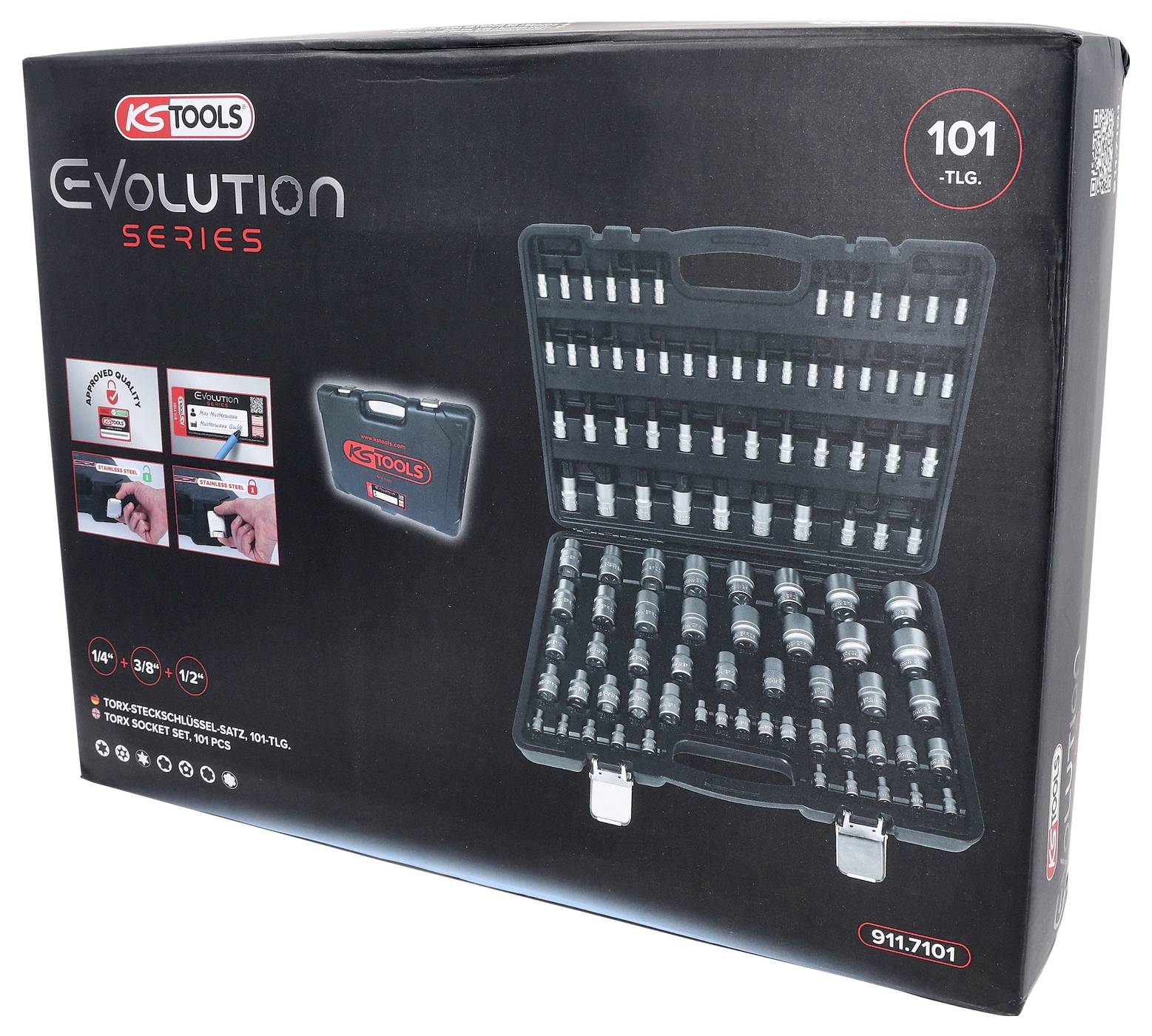 "KS Tools Evolution Serie" Werkzeugkoffer, der einen 101-teiligen Satz mit Steckschlüsseln in verschiedenen Größen präsentiert, mit Produktbildern und Branding.