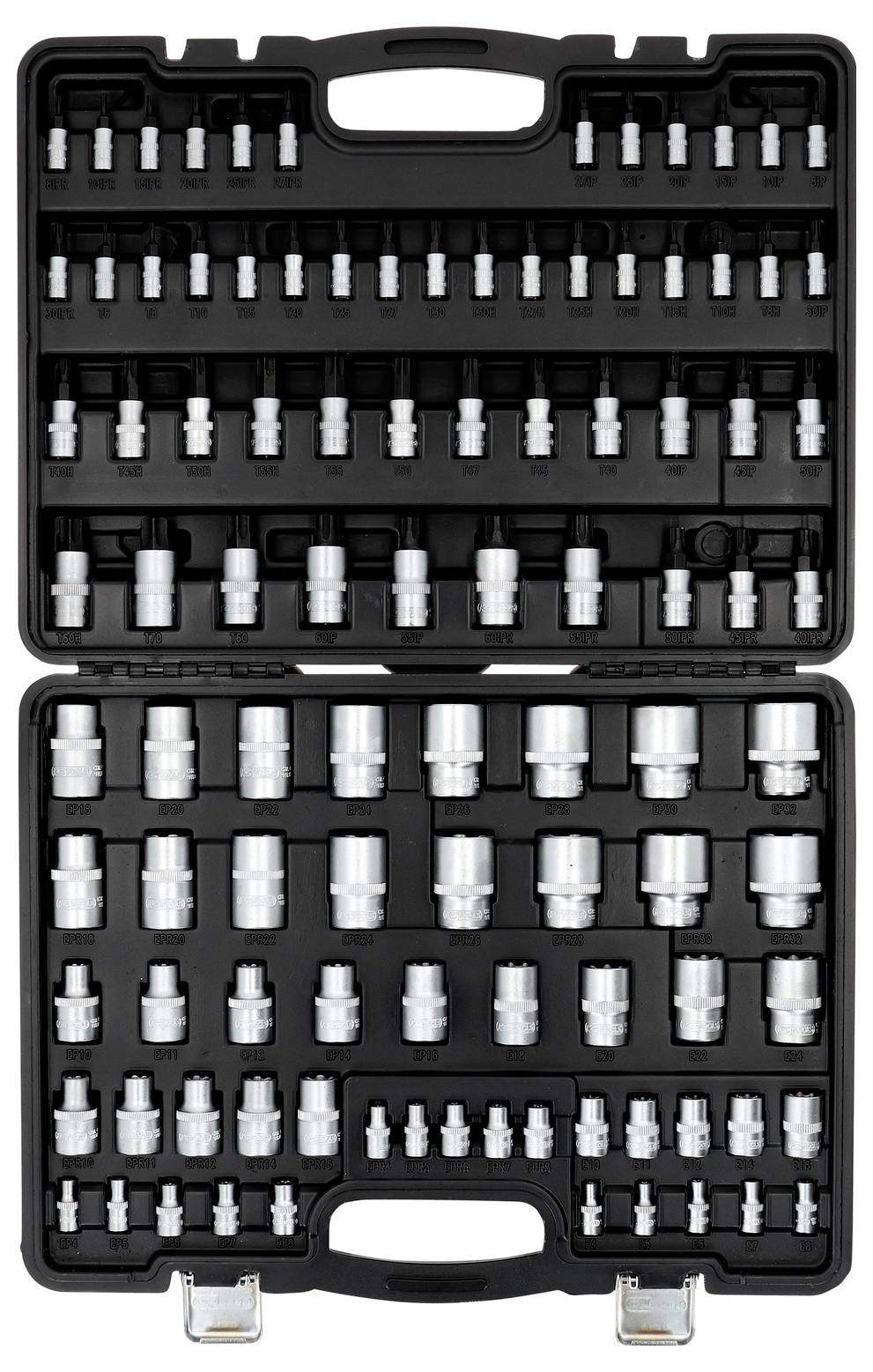 Ein schwarzer Koffer mit mehreren Steckschlüsseleinsätzen verschiedener Größen, die in geordneten Reihen angeordnet sind.