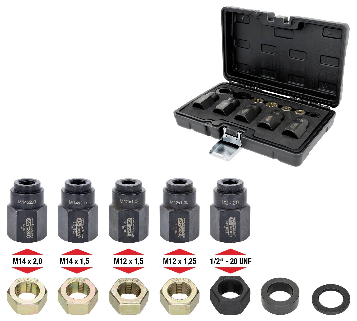 Eine schwarze Kunststoffbox, die sechs Gewindeadapter mit den Bezeichnungen M14 x 2.0, M14 x 1.5, M12 x 1.75, M12 x 1.5, M12 x 1.8, 1/2'' - 20 UNF enthält.
