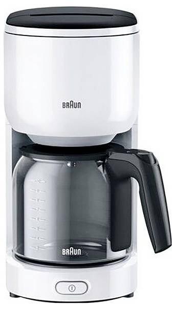 Ein weiß-schwarzer Filterkaffeemaschine mit einer Glaskanne und einem Einschaltknopf an der Basis.