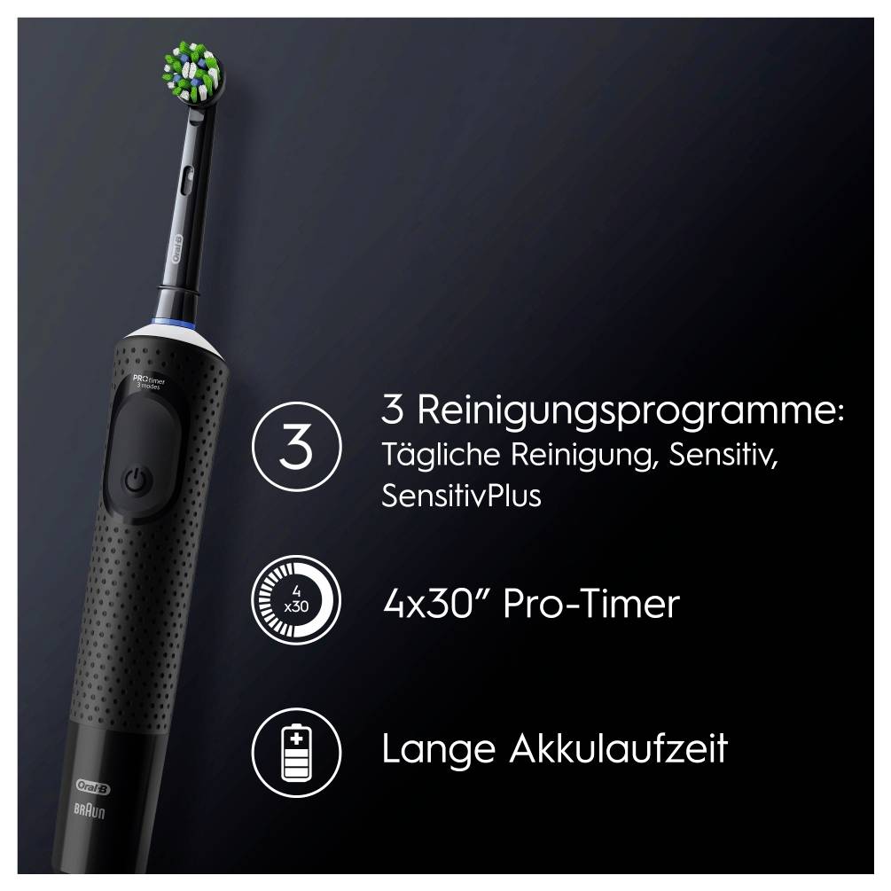 Elektrische Zahnbürste mit drei Reinigungsmodi: 'Tägliche Reinigung', 'Sensitiv' und 'SensitivPlus'. Ausgestattet mit einem '4x30' Pro-Timer und langer Batterielaufzeit.