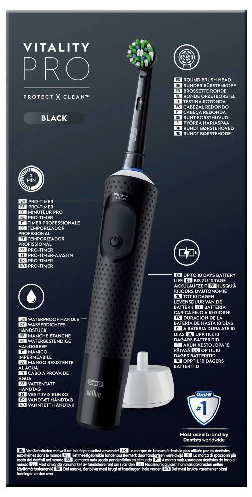 'Vitality Pro' elektrische Zahnbürste, Verpackung mit einer schwarzen Zahnbürste mit rundem Bürstenkopf. Merkmale umfassen wasserdichten Griff und Pro-Timer, unterstützt Plaque-Entfernung und Zahnfleischgesundheit.
