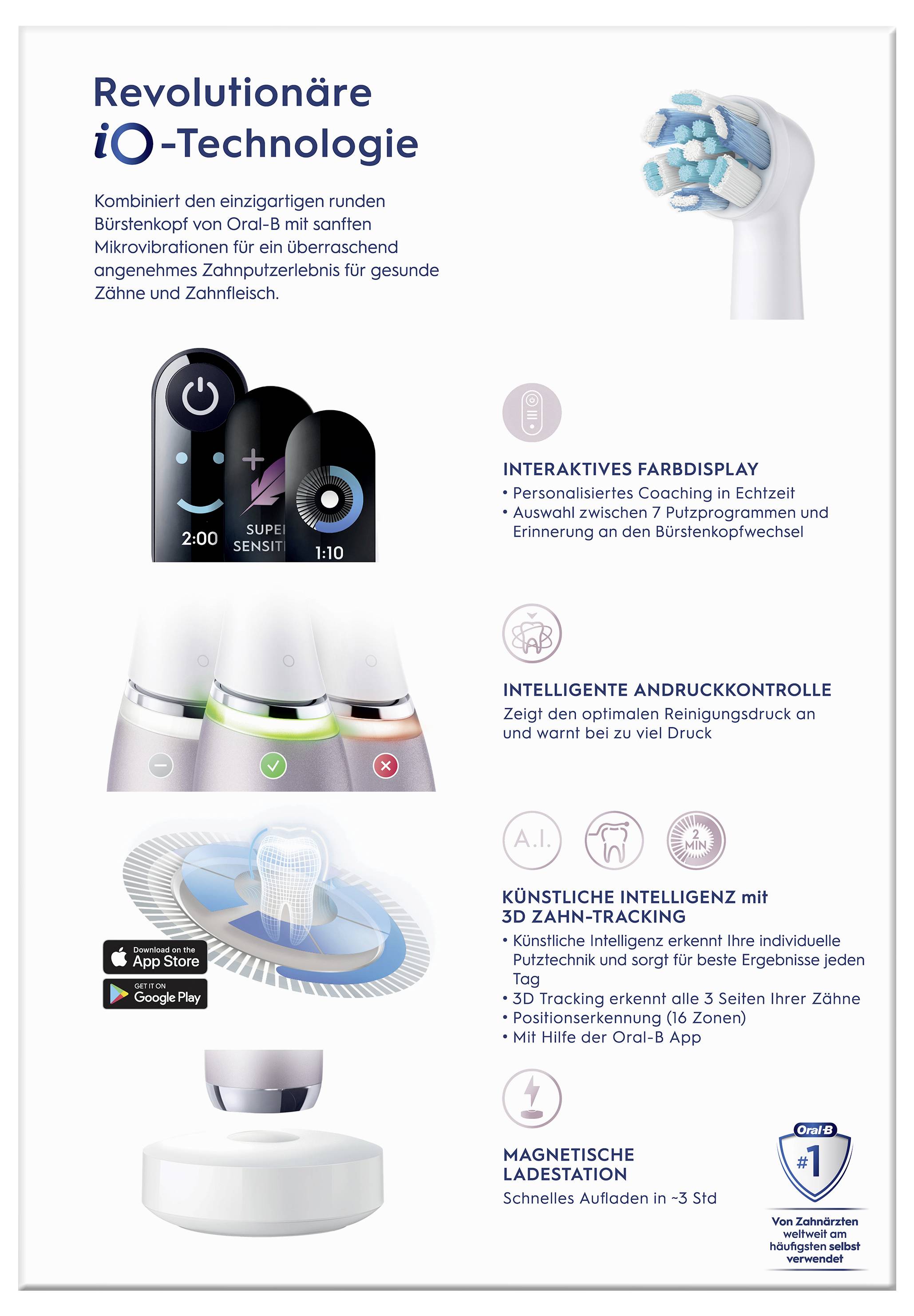 Werbebild für die 'Revolutionary iO Technology' Zahnbürste mit Funktionen: interaktive Farbdisplay, Druckkontrolle, 3D-Tracking, magnetische Aufladung.