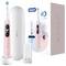 Oral-B iO Series 6 Elektrische Zahnbürste in Rosa umfasst Zahnbürste, Ladestation, zwei Aufsteckbürsten und Aufbewahrungsetui. Die Verpackung hebt 5 intelligente Modi hervor.