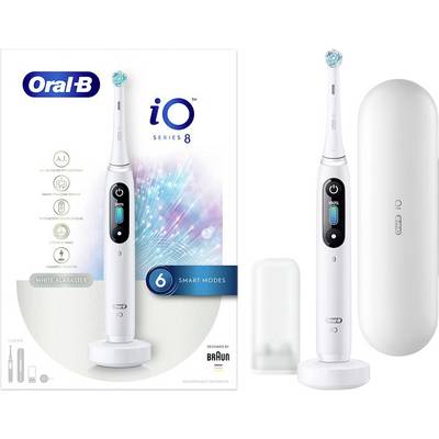 Oral-B iO Series 8 elektrische Zahnbürste in Weiß. Enthält Zahnbürste, Ladebasis, Reiseetui und Verpackung mit Funktionshighlights.
