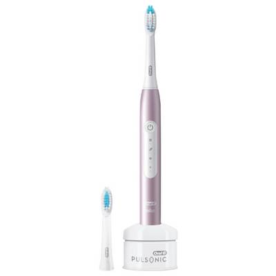 Oral-B Pulsonic Slim Zahnbürste, abgebildet mit einem zusätzlichen Bürstenkopf und Ladestation, mit schlankem Design und weichen Borsten für die Zahnfleegpflege.