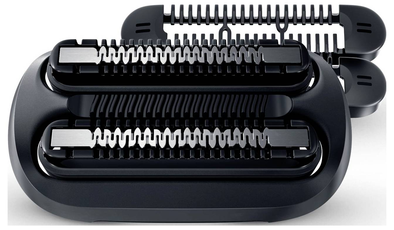 Elektrischer Rasierkopf mit Doppelkämmen und Klingen, der für effizientes Haartrimmen und Rasieren entwickelt wurde.