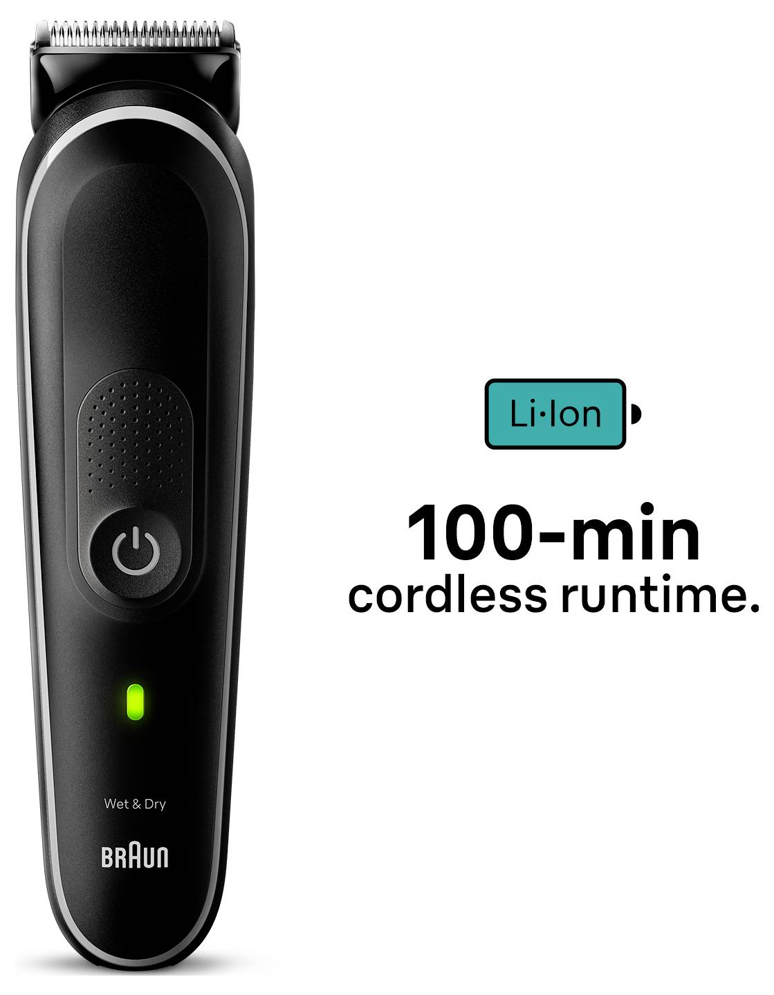 Elektrischer Trimmer von Braun mit dunklem Design, versehen mit einem Einschalter und einer Ladestandsanzeige. Text liest sich: "100 Min. kabellose Laufzeit" mit einer Batteriesymbol.