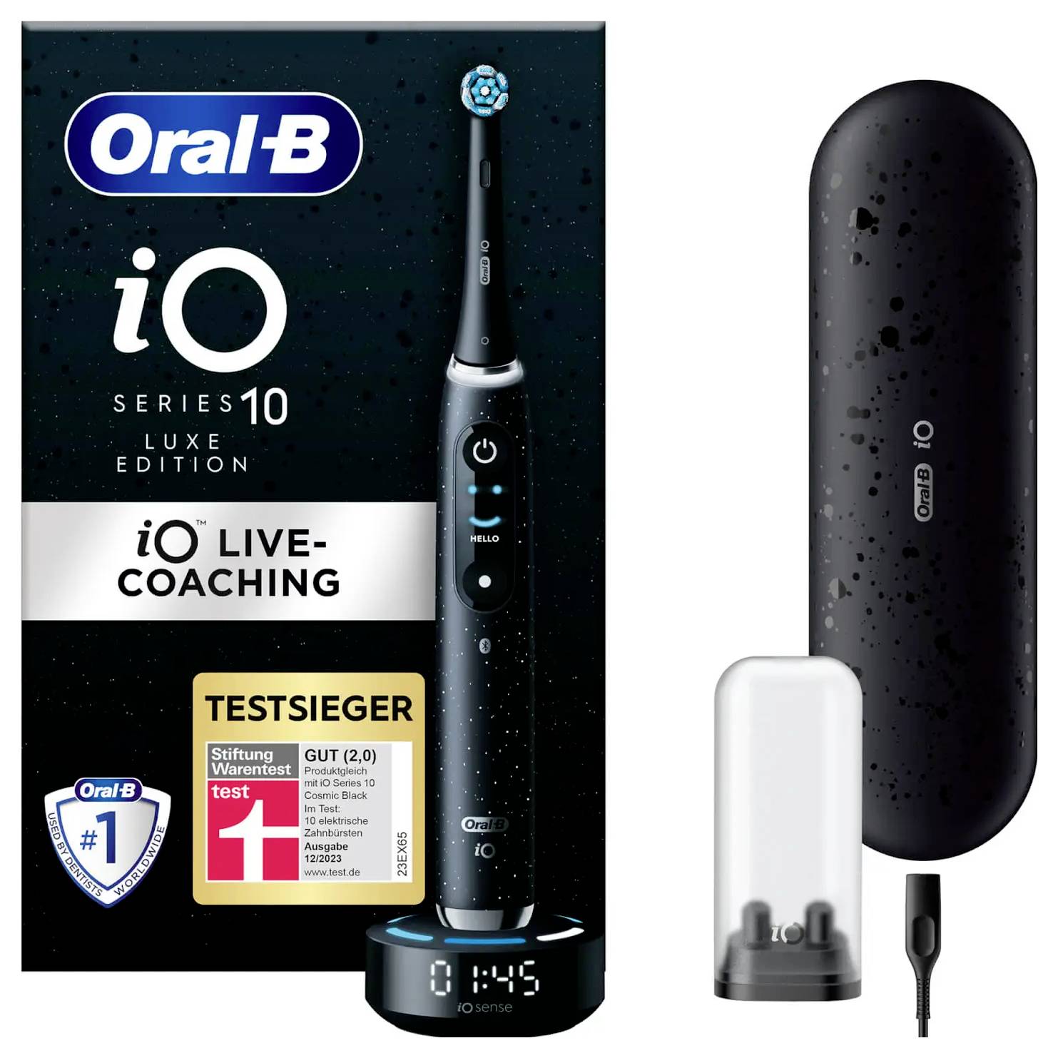 Oral-B iO Series 10 Luxe Edition elektrische Zahnbürste Verpackung mit 'Live Coaching' Text, Zahnbürste, Ladestation und Reiseetui.