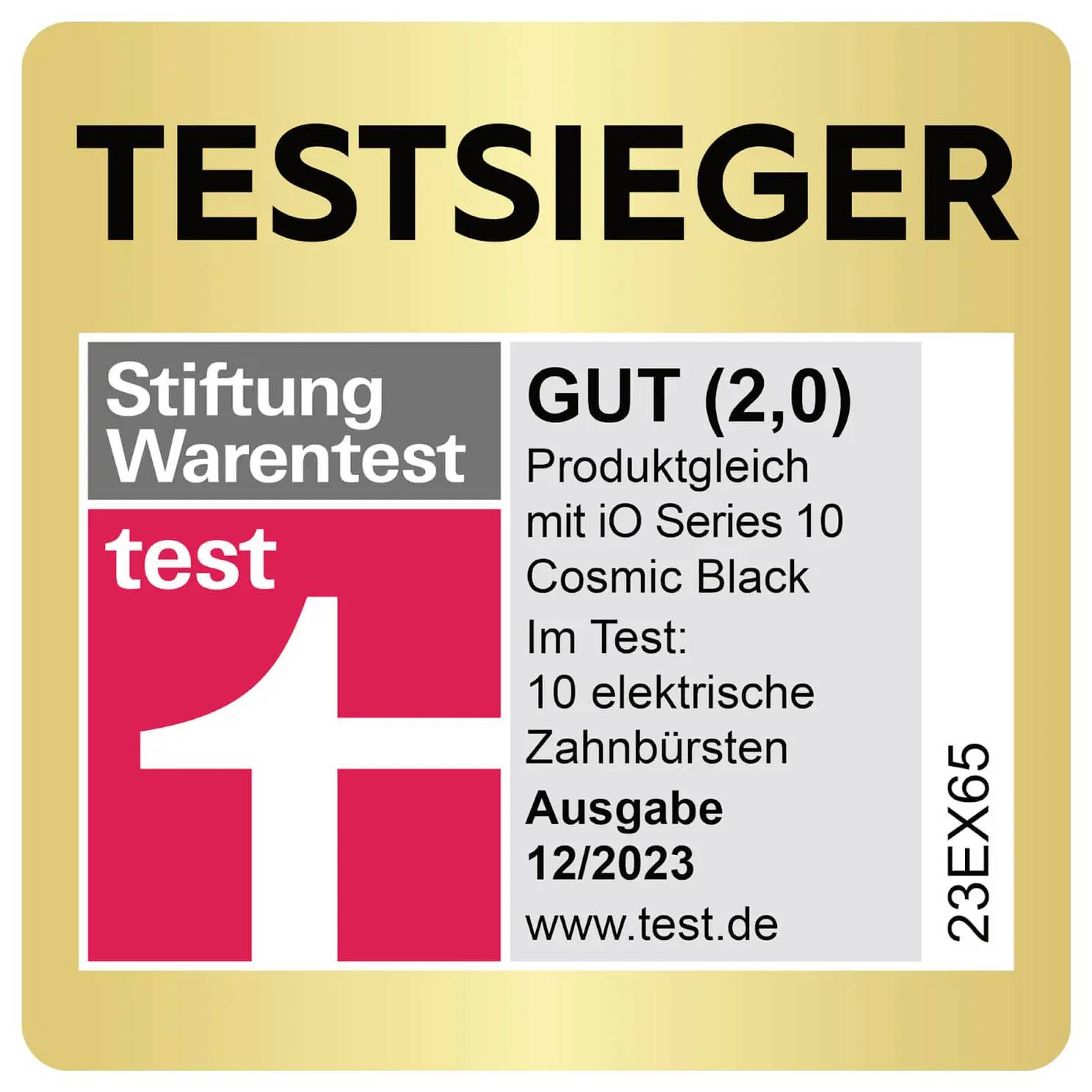 'Stiftung Warentest testsieger gut (2,0)' Auszeichnungsetikett für iO Series 10 Cosmic Black, aus Ausgabe 12/2023, www.test.de.