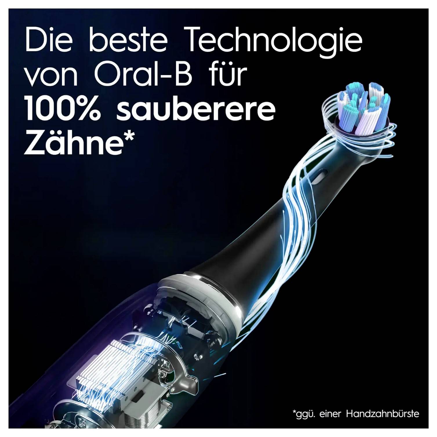 An electric toothbrush with a highlighted 3D spiral design. Text: 'Die beste Technologie von Oral-B für 100% sauberere Zähne*'<br><br>(Note: The text is already in German, so no translation is needed. The English description of the image remains in English.)