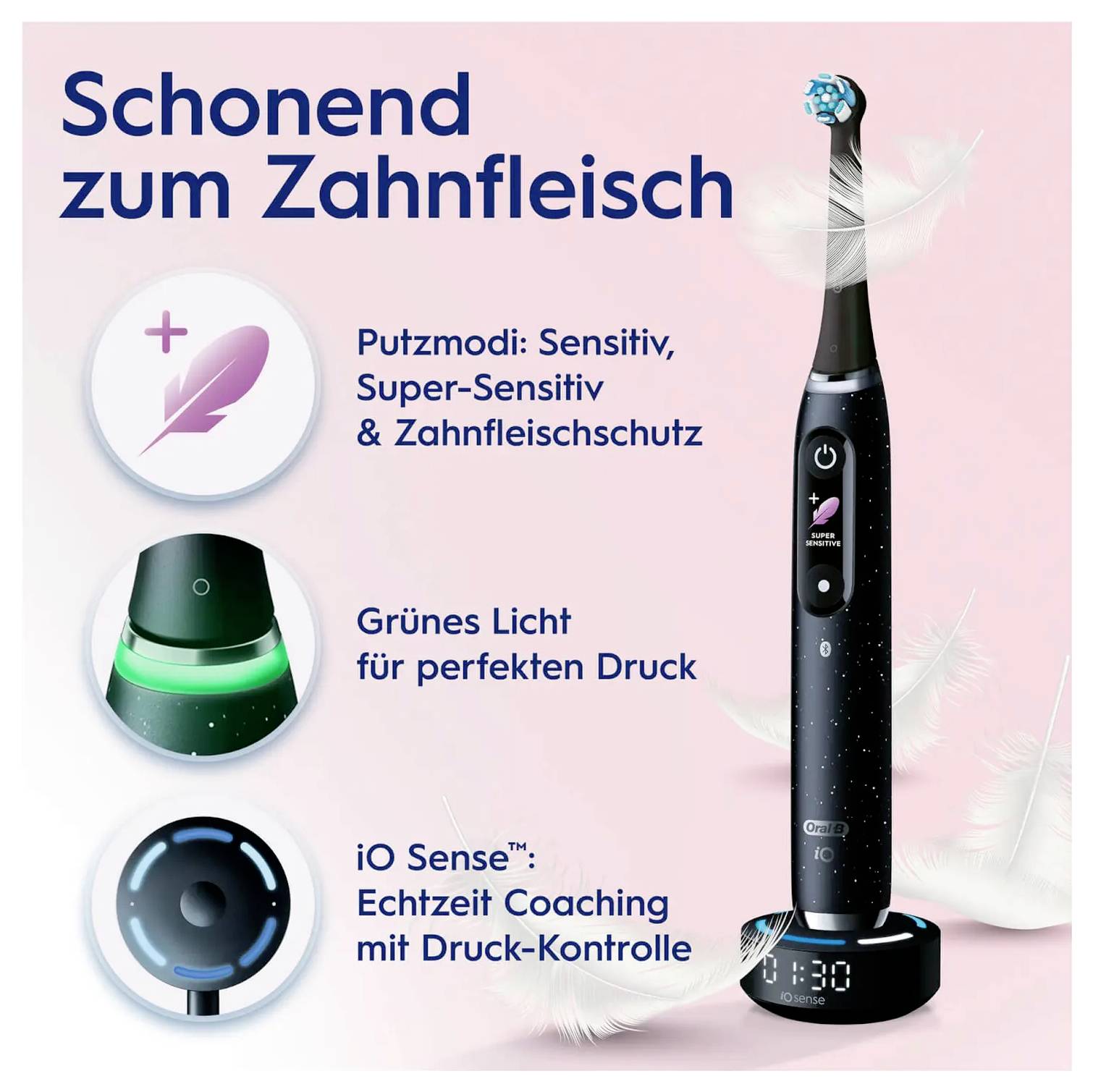 Elektrische Zahnbürste mit Text: 'Schonend zum Zahnfleisch'. Funktionen umfassen Sensitiv-Modus, Drucksensor, grünes Licht zur Druckkontrolle und Echtzeit-Coaching.