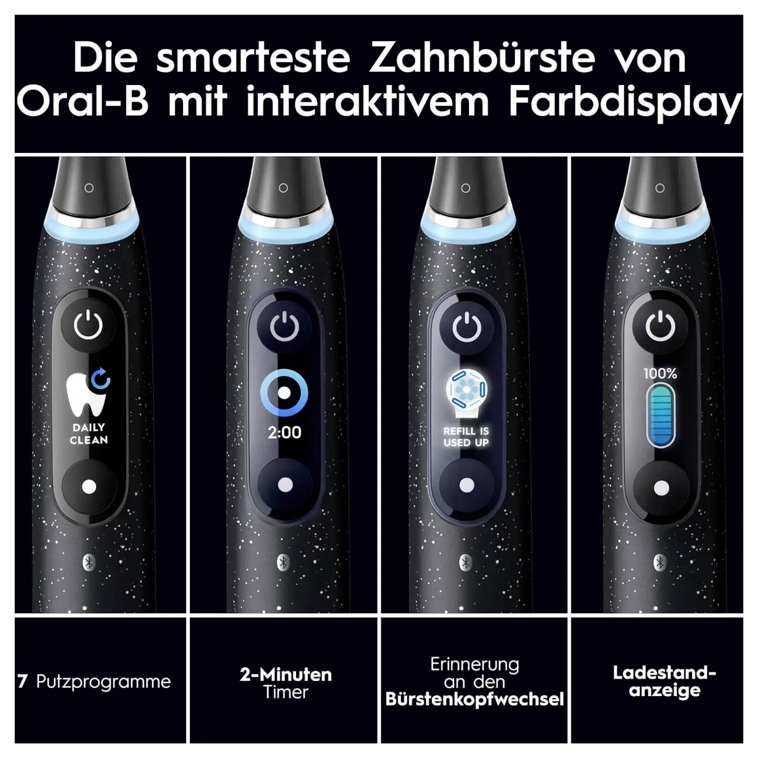 Oral-B Zahnbürste mit interaktivem Farbdisplay: bietet tägliche Reinigung, 2-Minuten-Timer, Aufhellungsanzeige für den Bürstenkopf und Ladeanzeige.