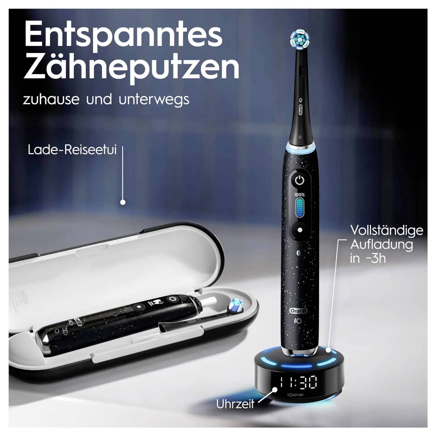Elektrische Zahnbürste mit Timer und Ladegerät. Reisetasche im Lieferumfang enthalten. Der Text hebt eine schnelle Ladezeit von 3 Stunden für die Nutzung zu Hause oder auf Reisen hervor.