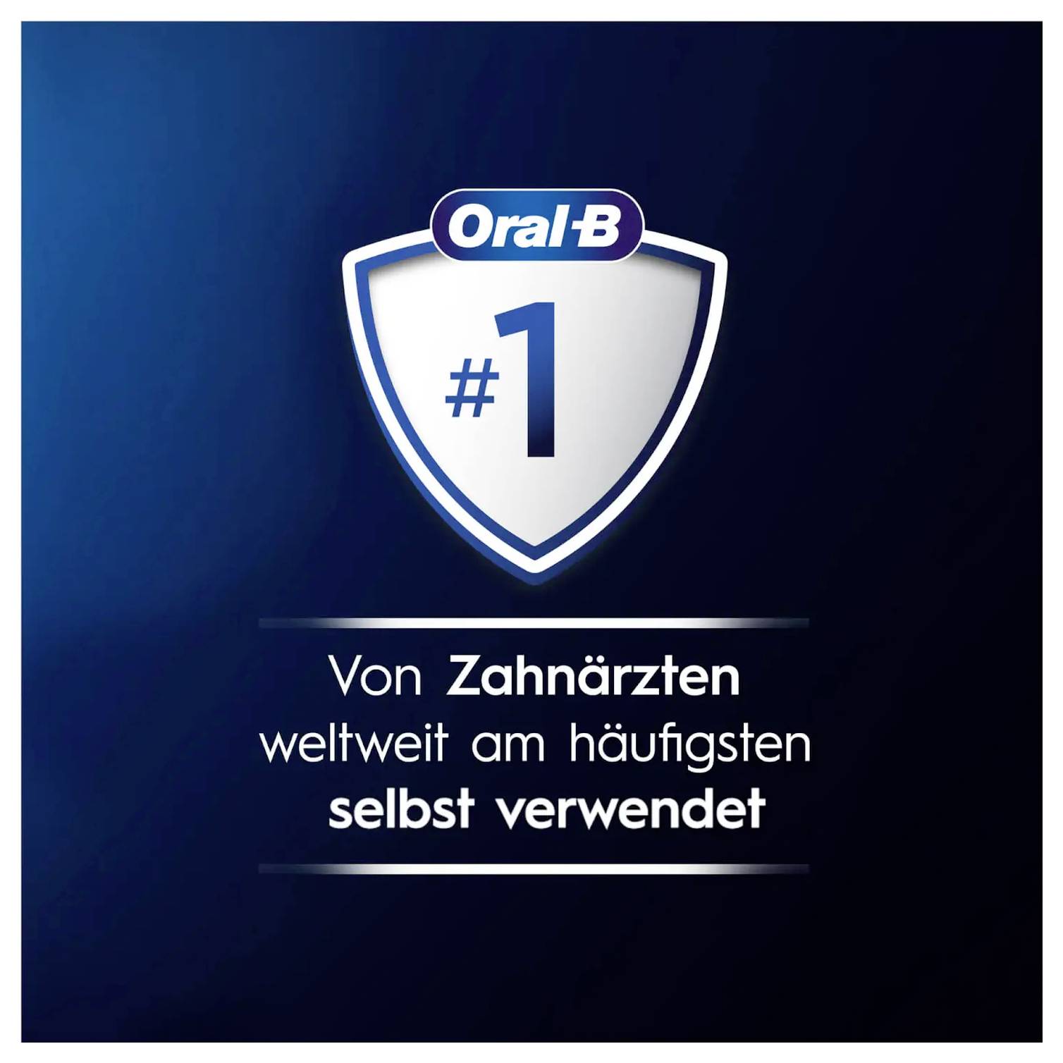 'Oral-B #1' Logo mit Schild-Design; Text lautet 'Von Zahnärzten weltweit am häufigsten selbst verwendet', was die Präferenz von Zahnärzten impliziert.