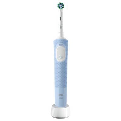 Elektrische Zahnbürste in Blau und Weiß auf einem Ladegerät mit rundem Bürstenkopf.