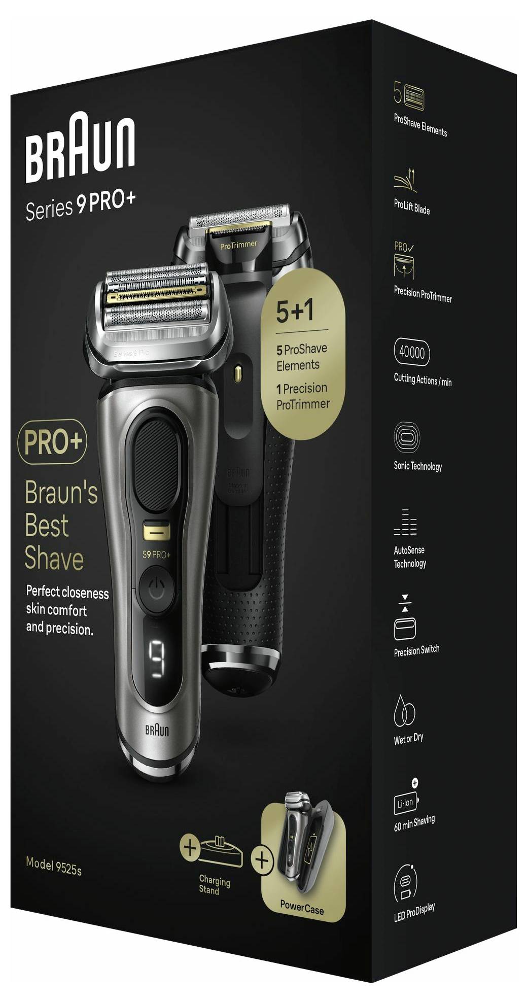 Braun Series 9 Pro+ Rasierer-Box mit zwei Rasierern, die die 5-in-1 ProShave-Vorteile, AutoSense und 40.000 Schneidaktionen pro Minute hervorhebt.