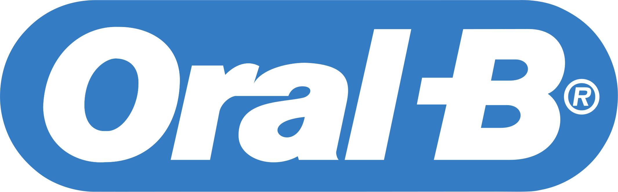 Logo von Oral-B mit weißem Text auf blauem ovalen Hintergrund.