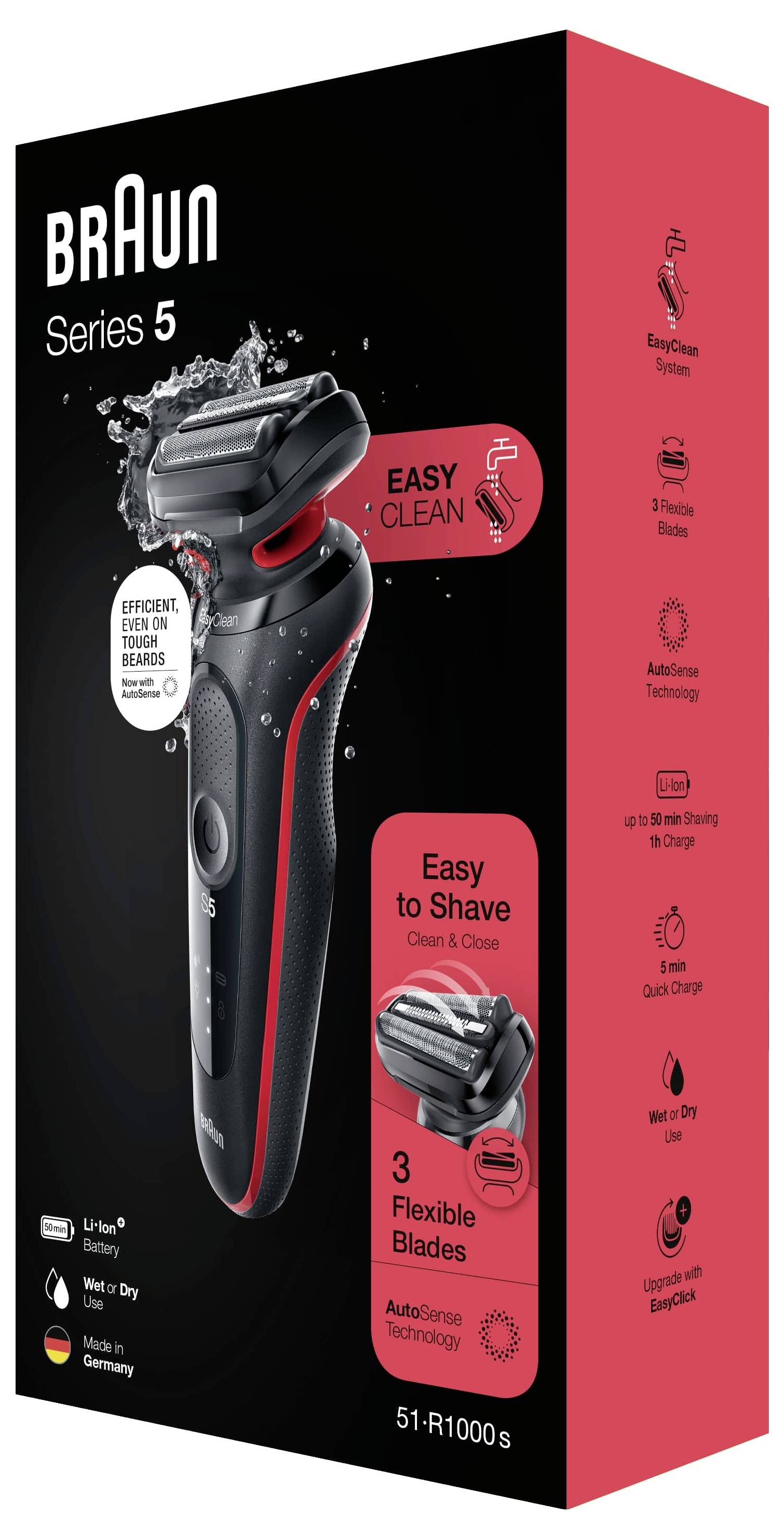 'Braun Series 5' Elektrorasierer-Verpackung, die 'Einfach zu reinigen', 'Einfach zu rasieren' und '3 flexible Klingen' hervorhebt. Schwarze Verpackung mit roten Akzenten.