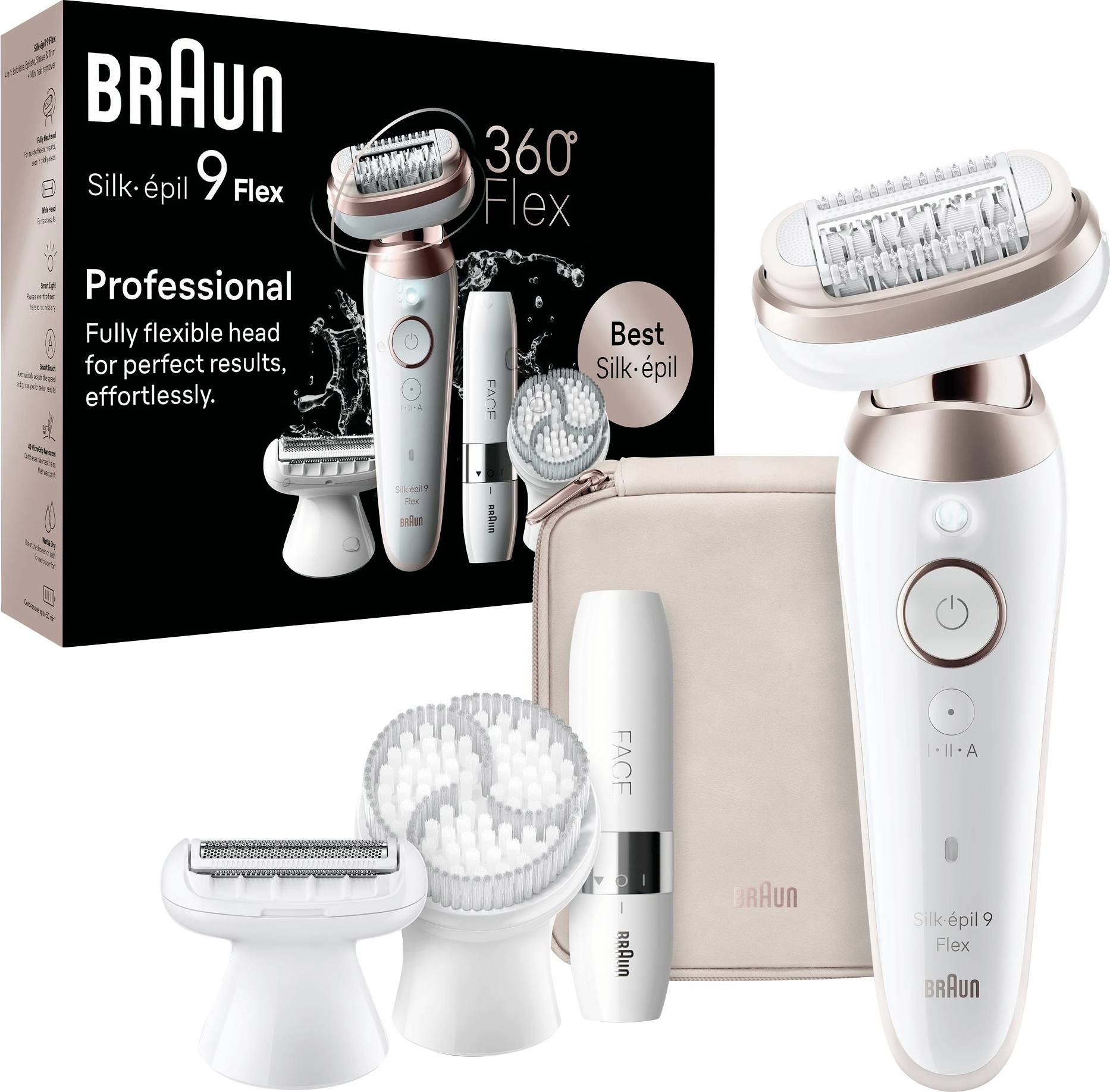 'Braun Silk-épil 9 Flex' Epilierer-Set mit Aufsätzen und Aufbewahrungstasche. Verpackung hebt die '360° Flex' und 'Bester Silk-épil' Merkmale hervor.