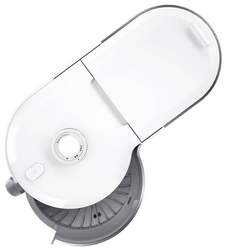 Ein weißer und grauer Küchenzerkleinerer mit einer teilweise freigelegten kreisförmigen Klinge, versehen mit einem Einstellrad und einem Ein-/Ausschalter, der zum Schneiden verschiedener Lebensmittel konzipiert ist.