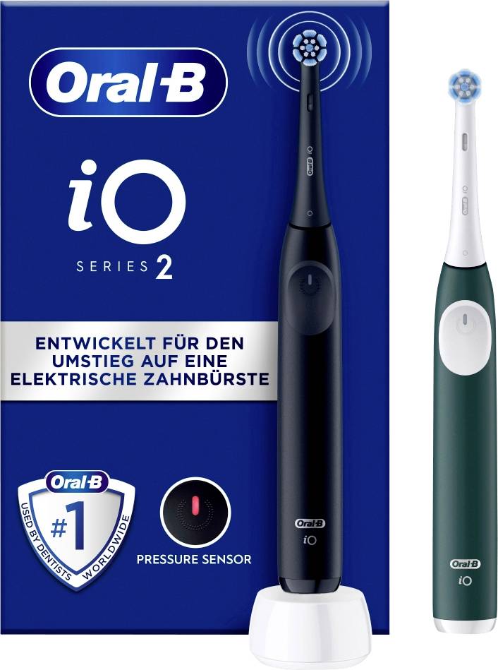 Die Verpackung der 'Oral-B iO Series 2' Elektrische Zahnbürste zeigt eine schwarze Zahnbürste mit einem Drucksensor auf einer blauen Box und enthält Produktdetails auf Deutsch.