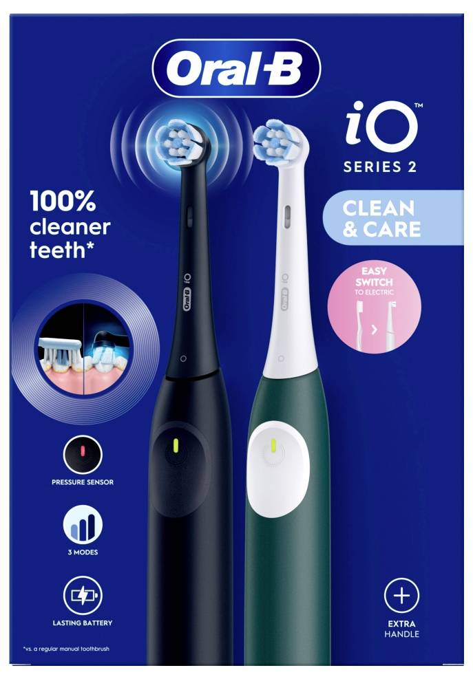 Oral-B iO Series 2 Clean & Care Elektrische Zahnbürste Display. Funktionen umfassen 100% sauberere Zähne, Drucksensor, 3 Reinigungsmodi und einfaches Wechseln der Bürste. Inklusive einer langlebigen aufladbaren Batterie.