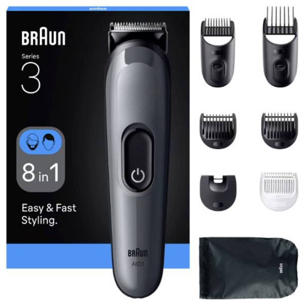 Braun AIO3540, Schwarz, Grau, 0,5 mm, 2,1 cm, Bart, Ohr, Augenbraue, Gesicht, Schnurrbart, Nase, Akku, 50 min