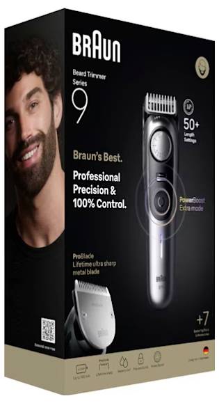 Schachtel für Braun Bartschneider Series 9 mit einem lächelnden Mann, der ‚Professionelle Präzision & 100% Kontrolle' hervorhebt und über 50 Längeneinstellungen präsentiert.