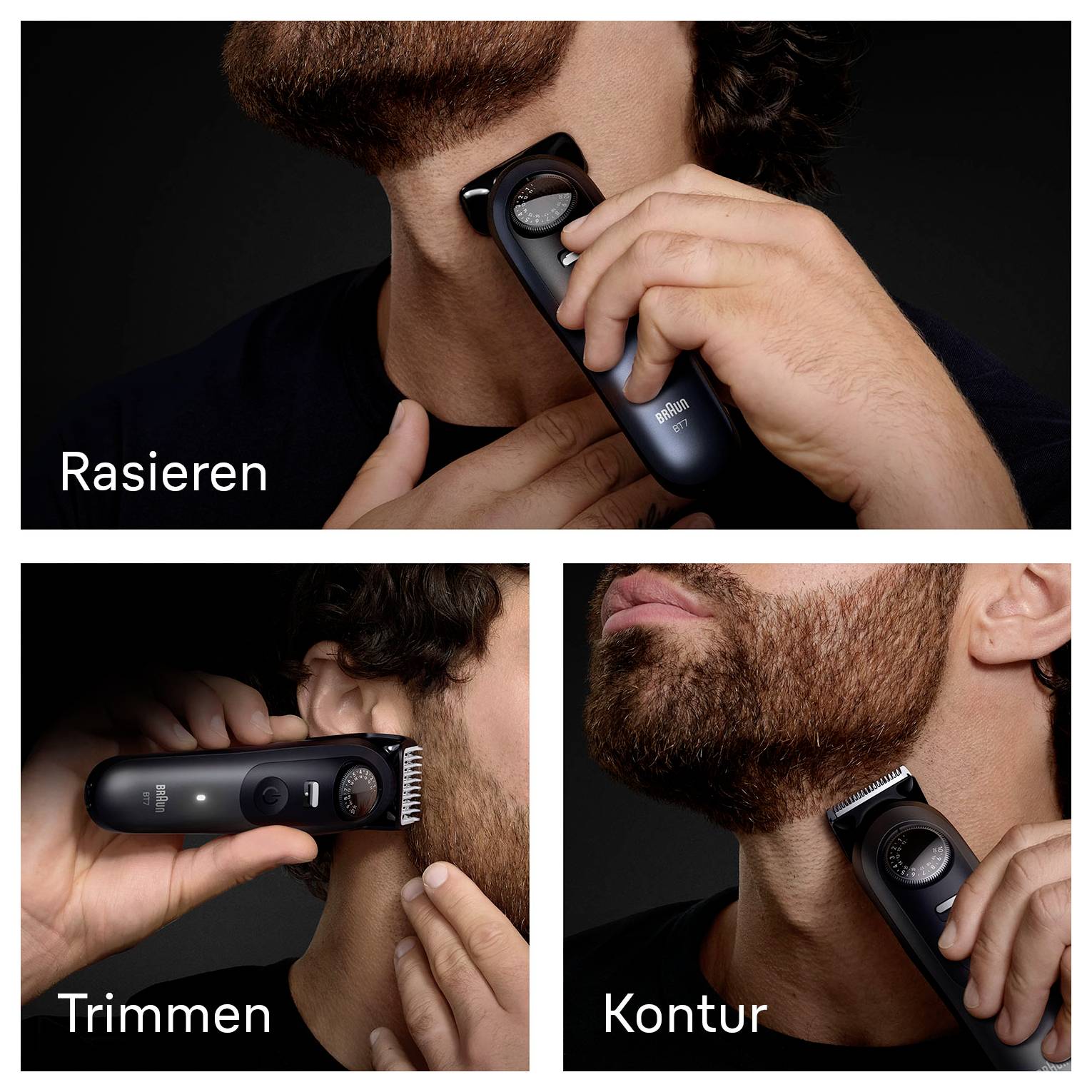 Eine Person verwendet ein schwarzes Grooming-Gerät zum Rasieren, Trimmen und Konturieren von Gesichtsbehaarung. Dargestellt in drei Bereichen: Rasieren, Trimmen, Kontur.