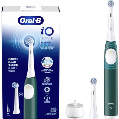 "Oral-B iO Series 2 Starter-Set" Verpackung, die eine elektrische Zahnbürste mit Aufsteckbürsten und einer Ladestation zeigt. Text hebt Merkmale wie "Aufladbare Zahnbürste" und "Zahnarztgefühl beim Putzen" hervor.